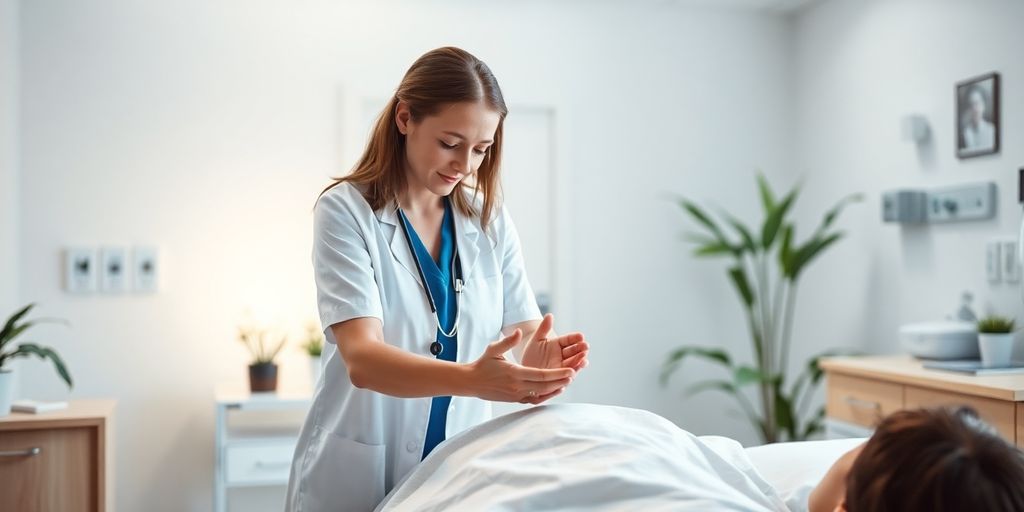 Reiki-Praktizierender in einem Krankenhaus mit Patient.