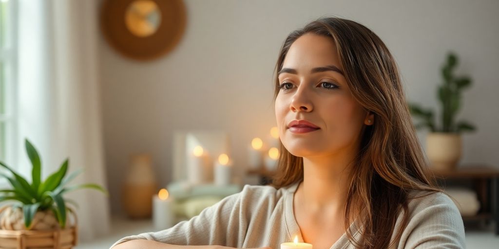 Person praktiziert Reiki online in ruhiger Umgebung.