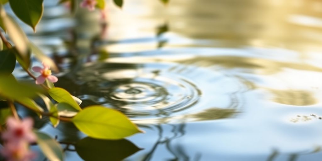 Beruhigende Wasseroberfläche mit sanften Blättern und Blumen.