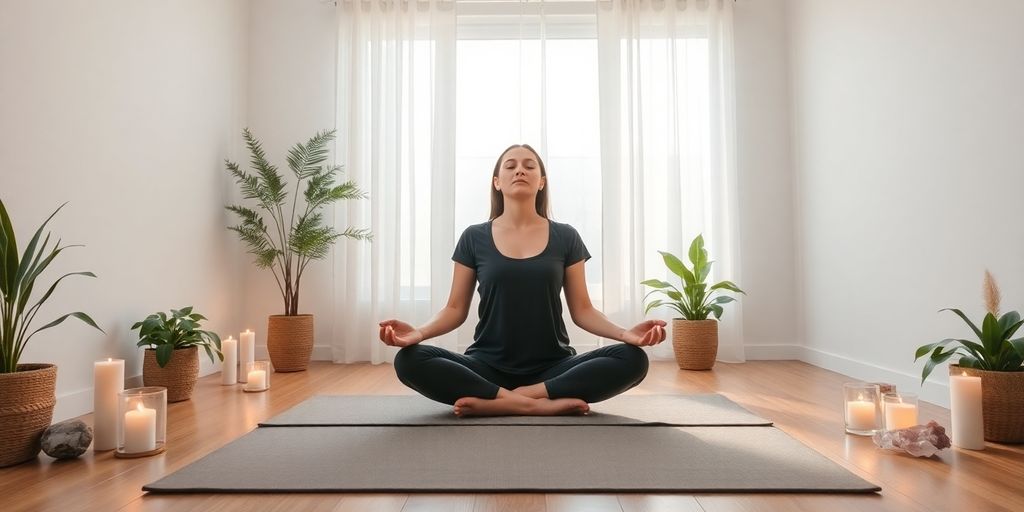 Person meditates in a calming, serene environment.